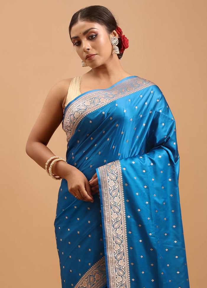 Blue Banarasi Silk Saree With Blouse Piece