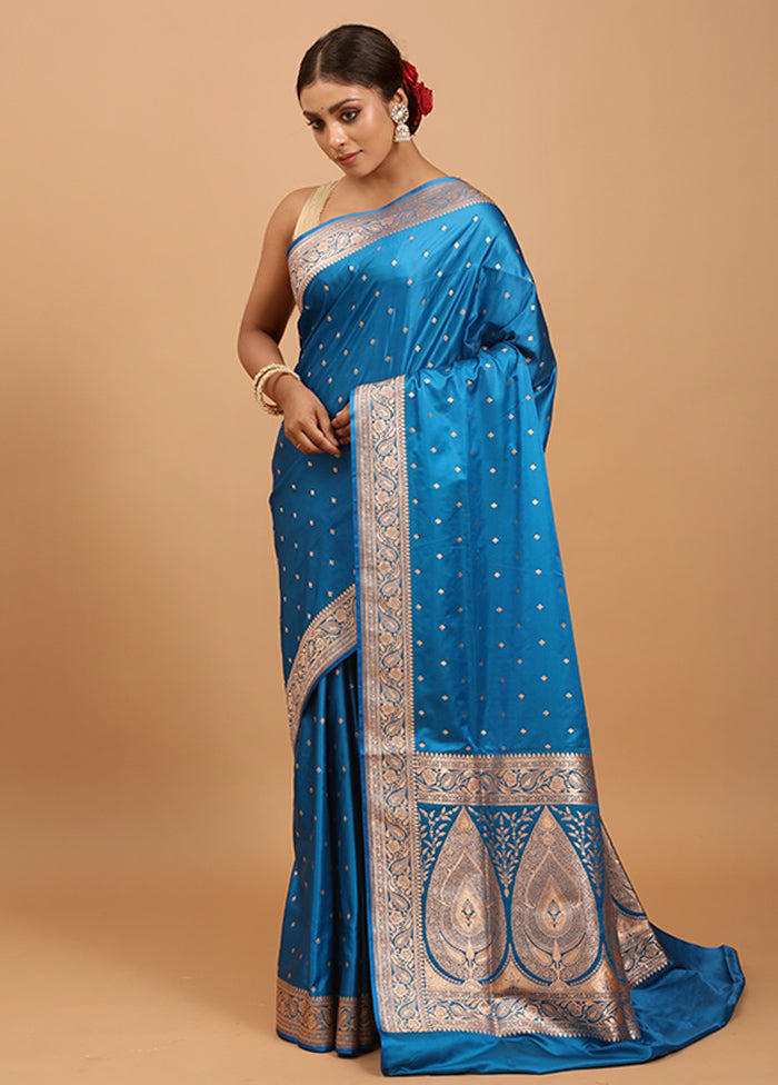 Blue Banarasi Silk Saree With Blouse Piece