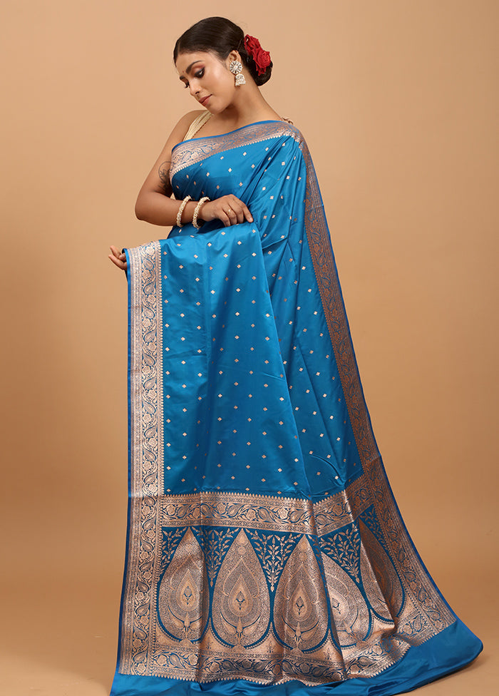 Blue Banarasi Silk Saree With Blouse Piece