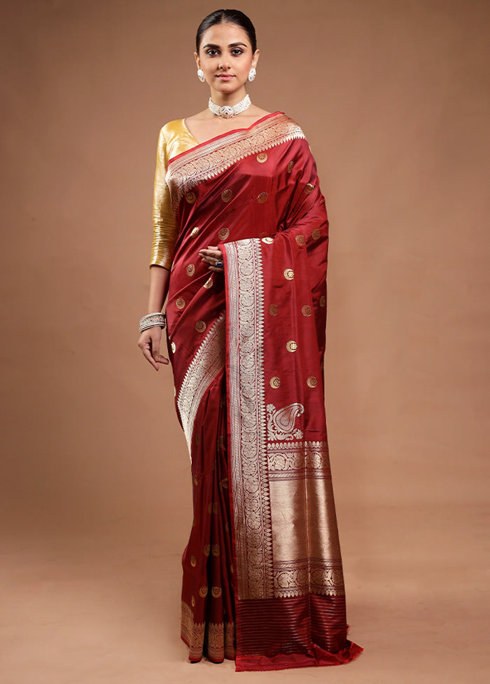 Maroon Handloom Katan Pure Silk Saree With Blouse Piece