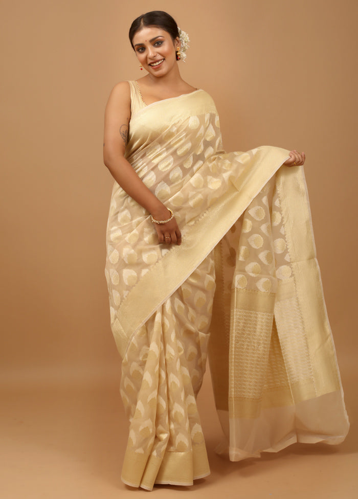 Cream Kora Silk Saree With Blouse Piece