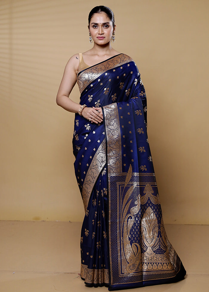 Blue Banarasi Silk Saree With Blouse Piece