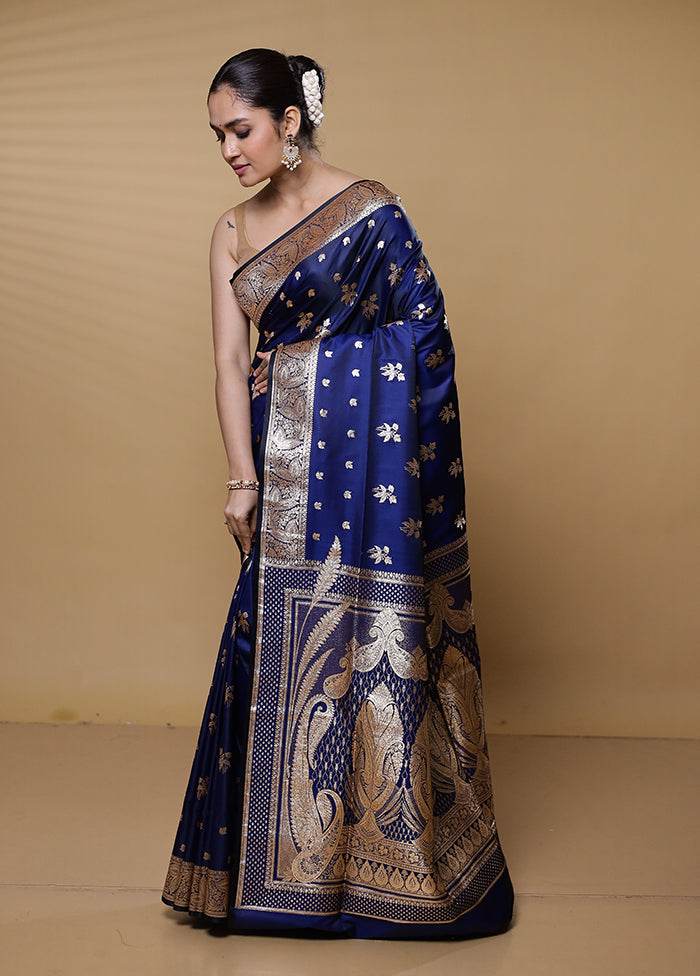 Blue Banarasi Silk Saree With Blouse Piece