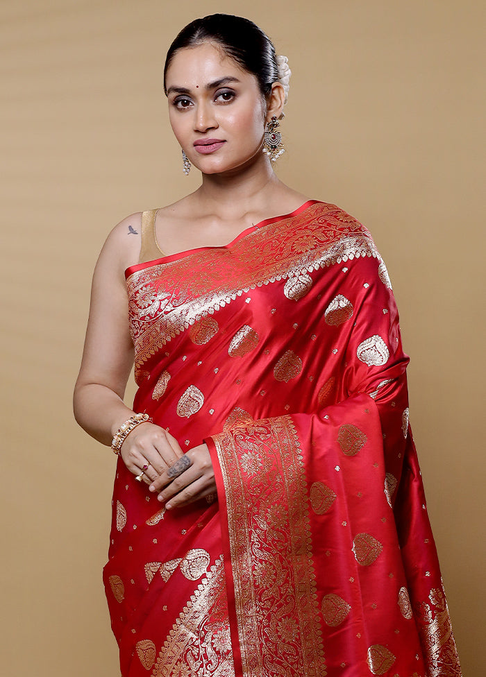 Red Banarasi Silk Saree With Blouse Piece