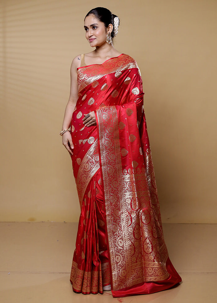 Red Banarasi Silk Saree With Blouse Piece