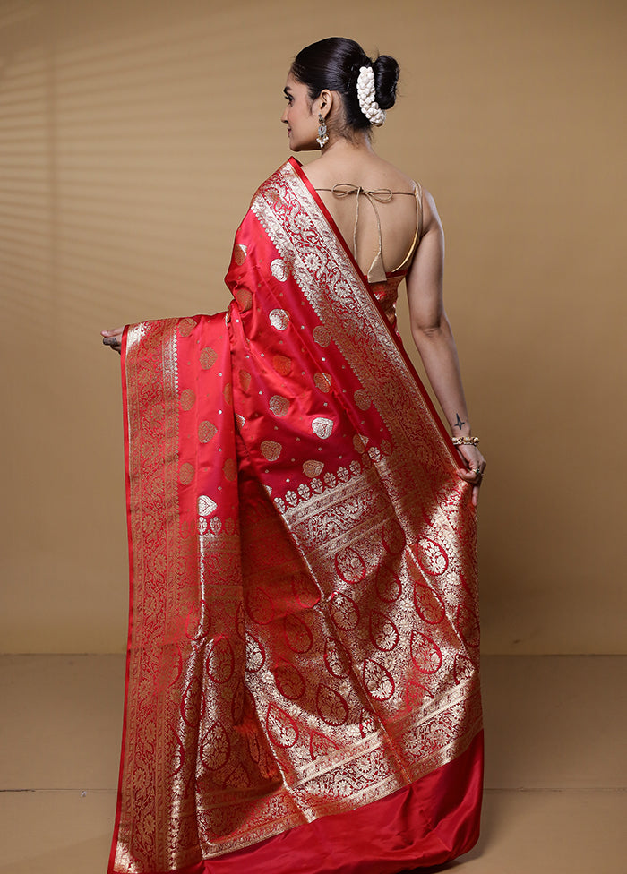 Red Banarasi Silk Saree With Blouse Piece