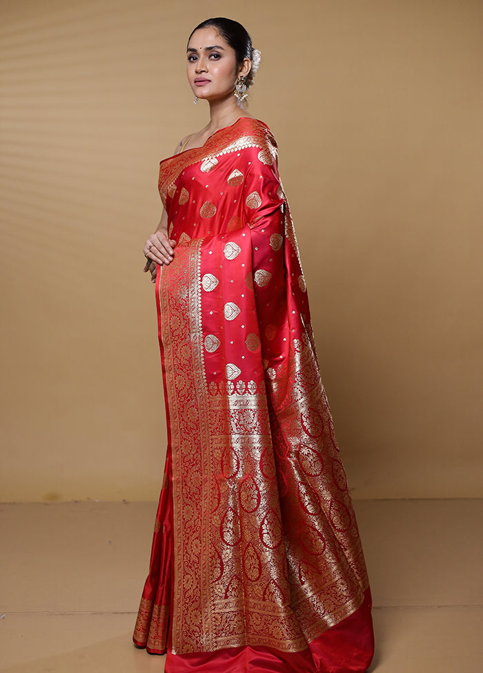 Red Banarasi Silk Saree With Blouse Piece