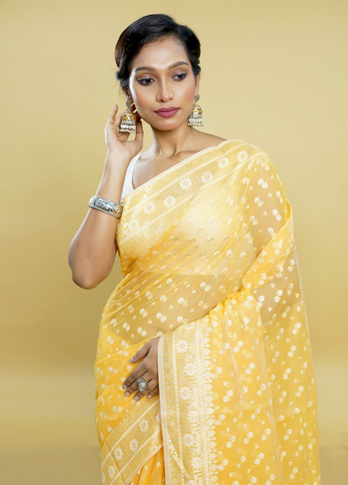 Yellow Kora Silk Saree With Blouse Piece