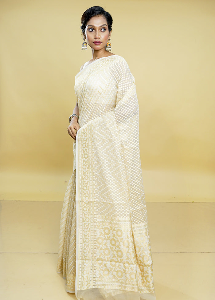 Cream Kora Silk Saree With Blouse Piece