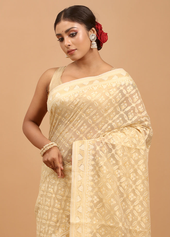 Cream Kora Silk Saree With Blouse Piece