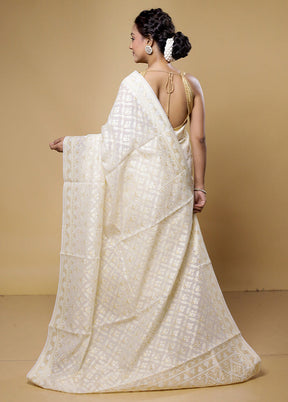 Cream Kora Silk Saree With Blouse Piece