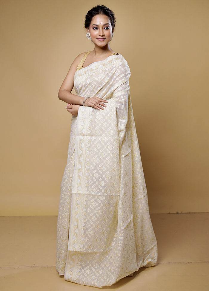 Cream Kora Silk Saree With Blouse Piece