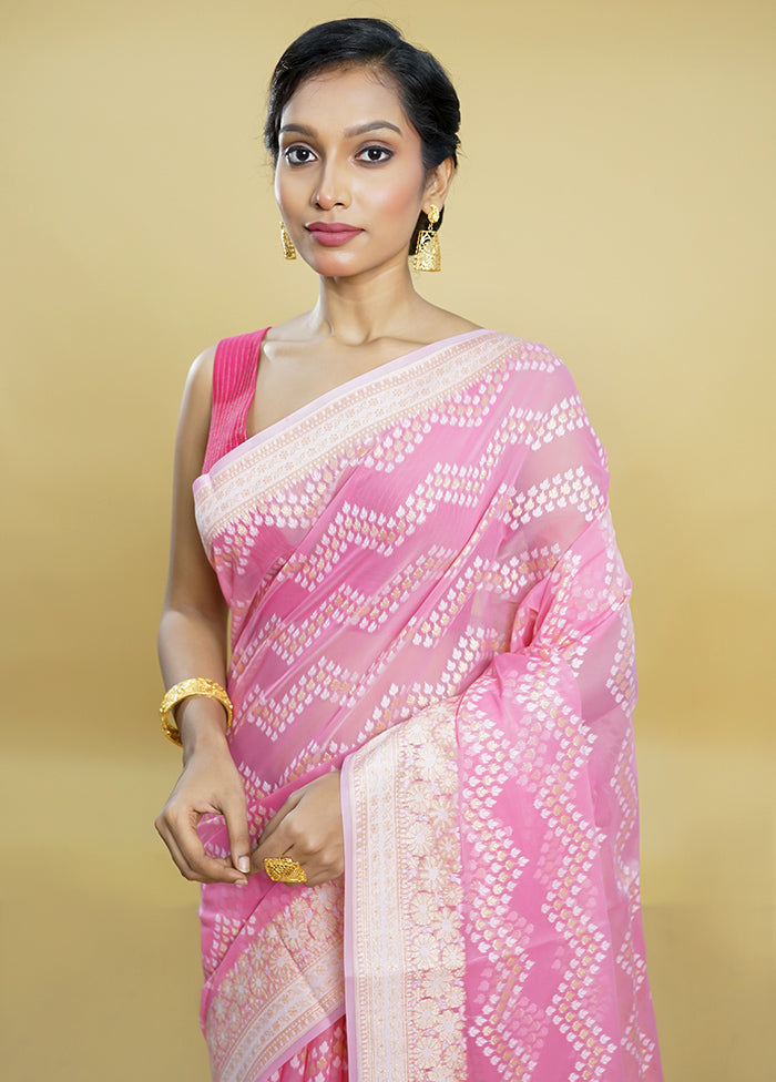 Pink Kora Silk Saree With Blouse Piece