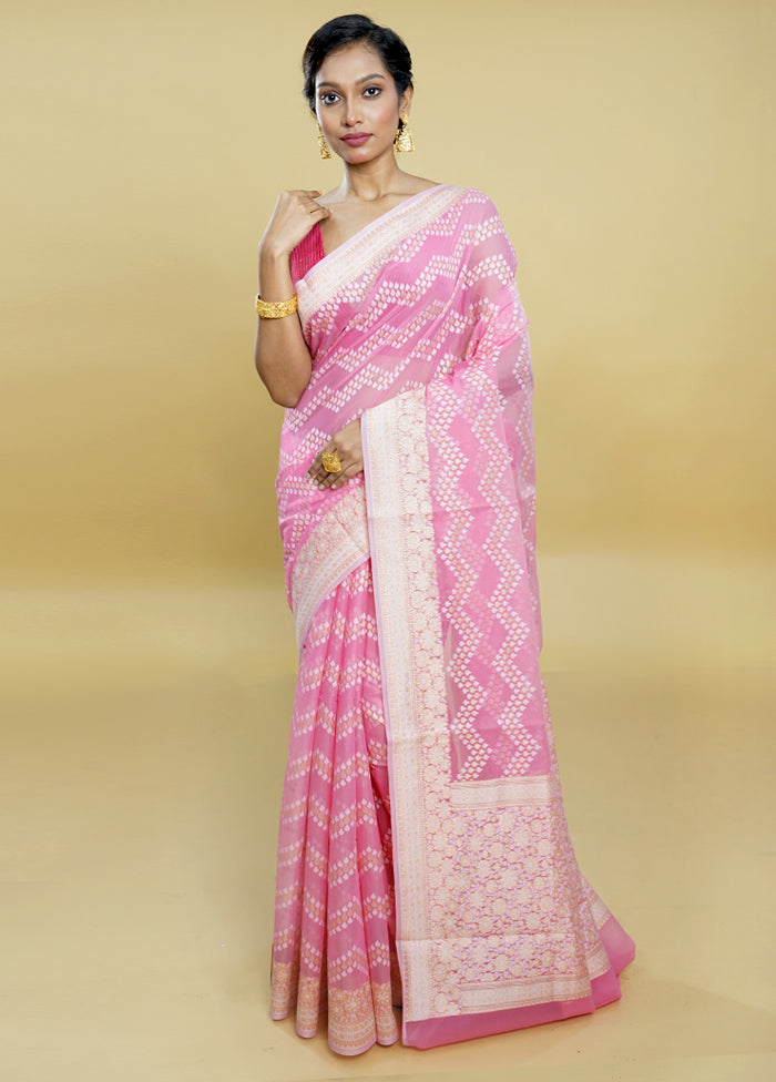 Pink Kora Silk Saree With Blouse Piece