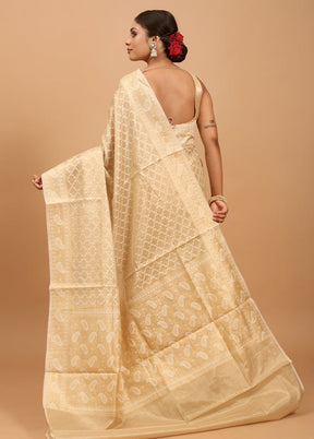 Cream Kora Silk Saree With Blouse Piece