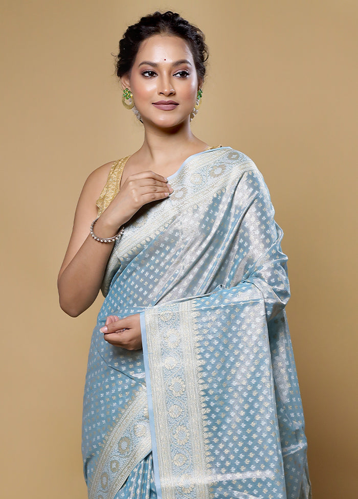 Blue Kora Silk Saree With Blouse Piece