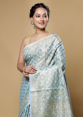 Blue Kora Silk Saree With Blouse Piece