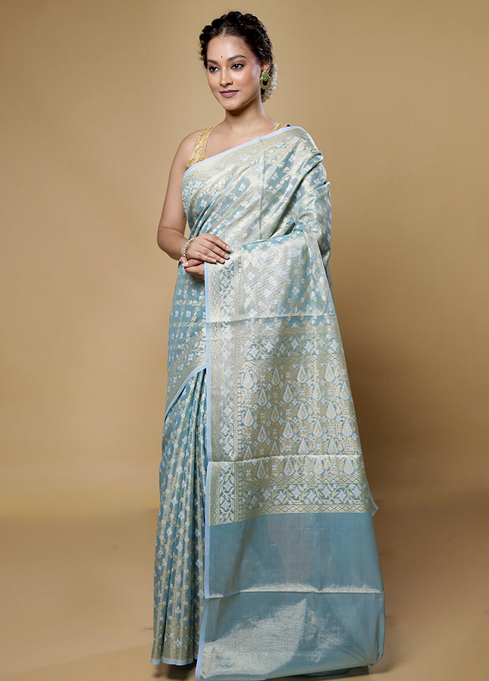 Blue Kora Silk Saree With Blouse Piece