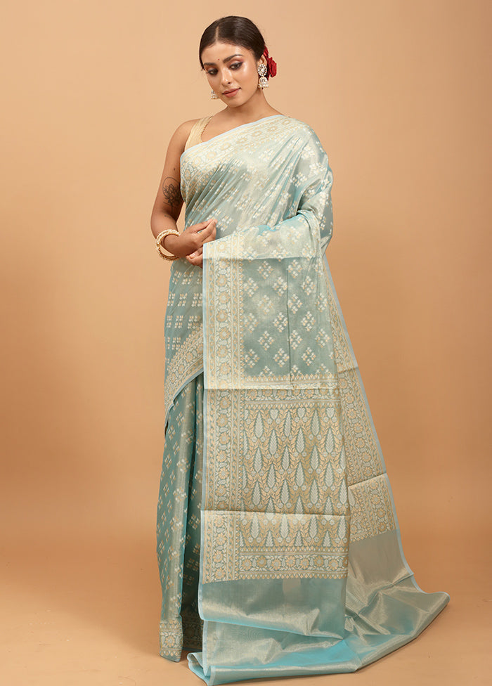 Blue Tissue Silk Saree With Blouse Piece