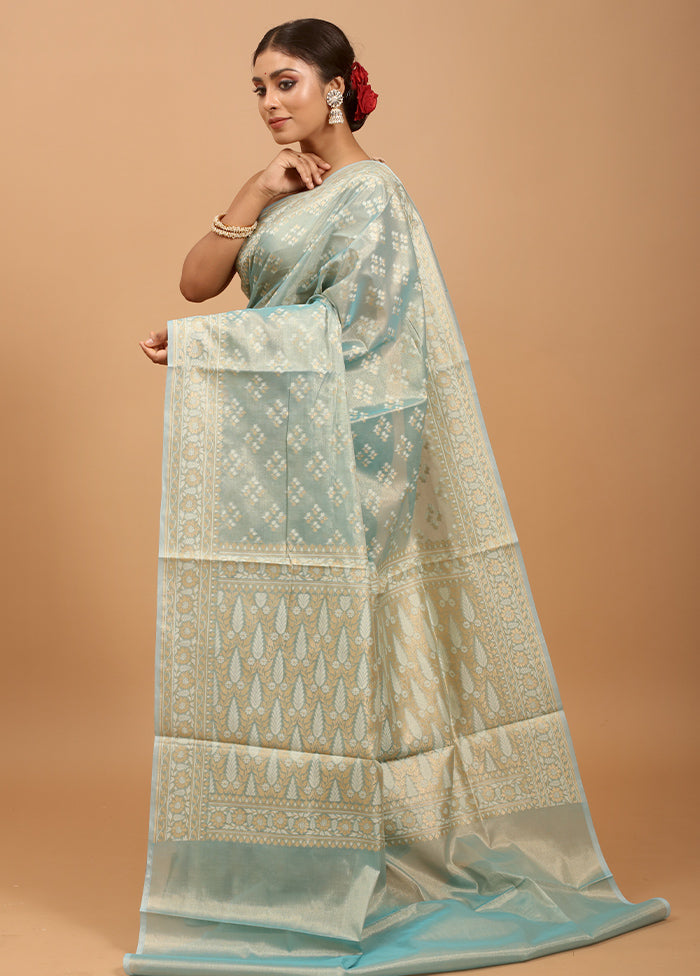 Blue Tissue Silk Saree With Blouse Piece