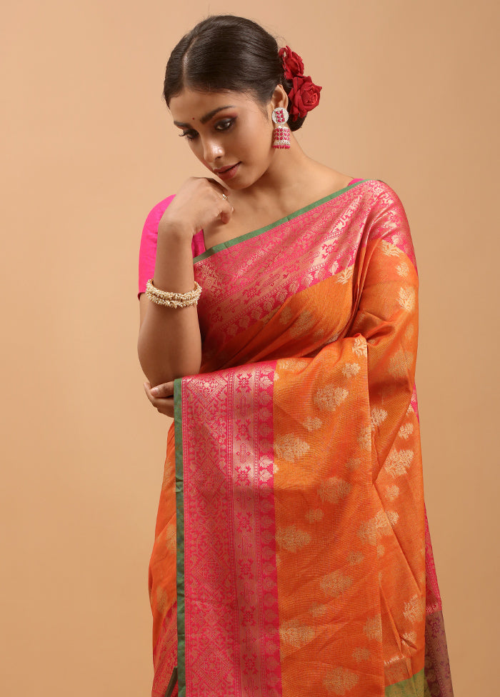 Orange Dupion Silk Saree With Blouse Piece