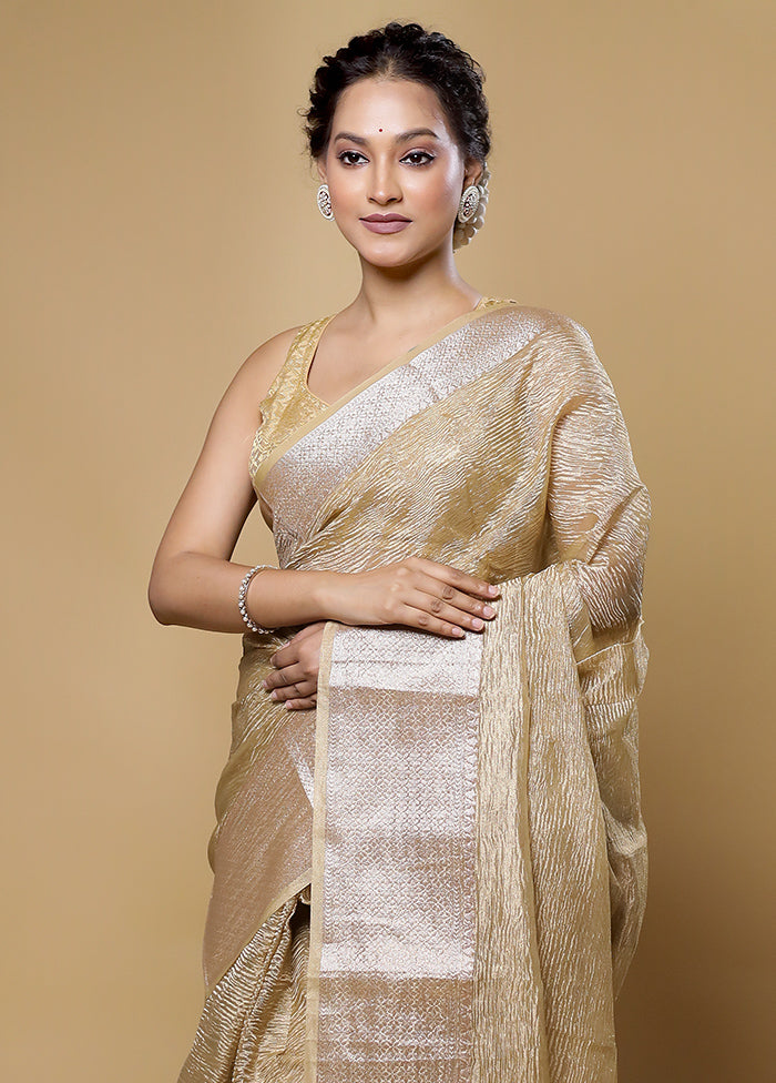 Cream Crushed Tissue Silk Saree With Blouse Piece