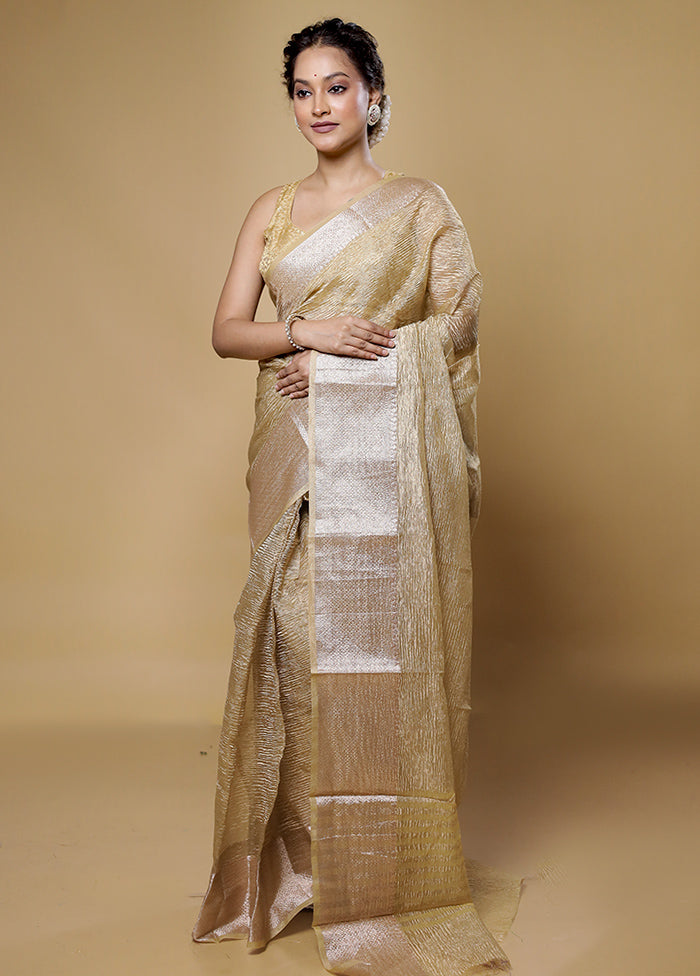 Cream Crushed Tissue Silk Saree With Blouse Piece