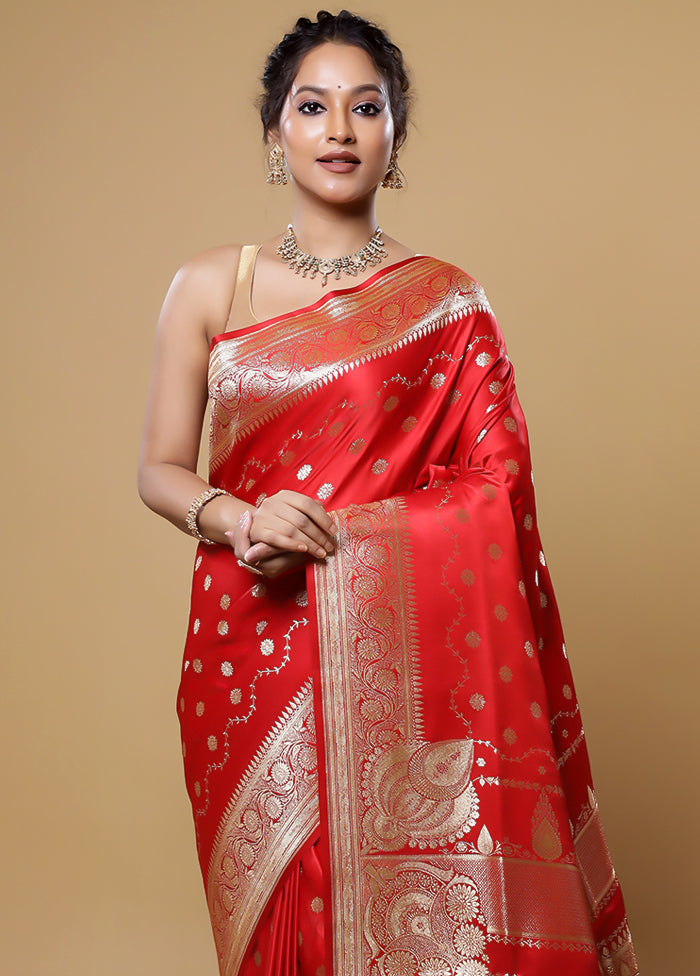 Red Banarasi Silk Saree With Blouse Piece