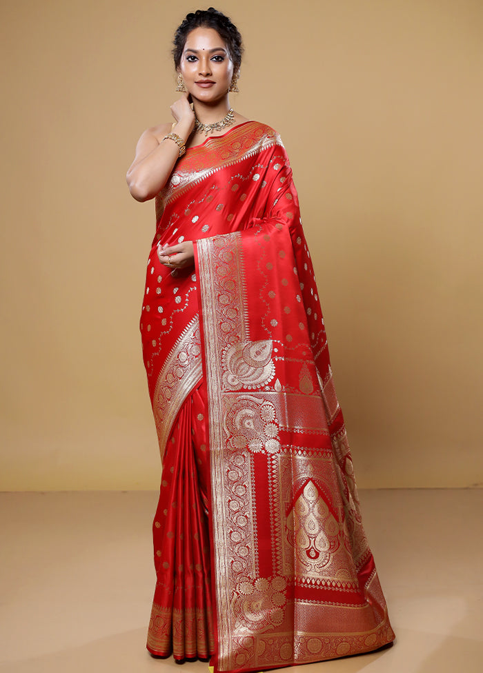 Red Banarasi Silk Saree With Blouse Piece