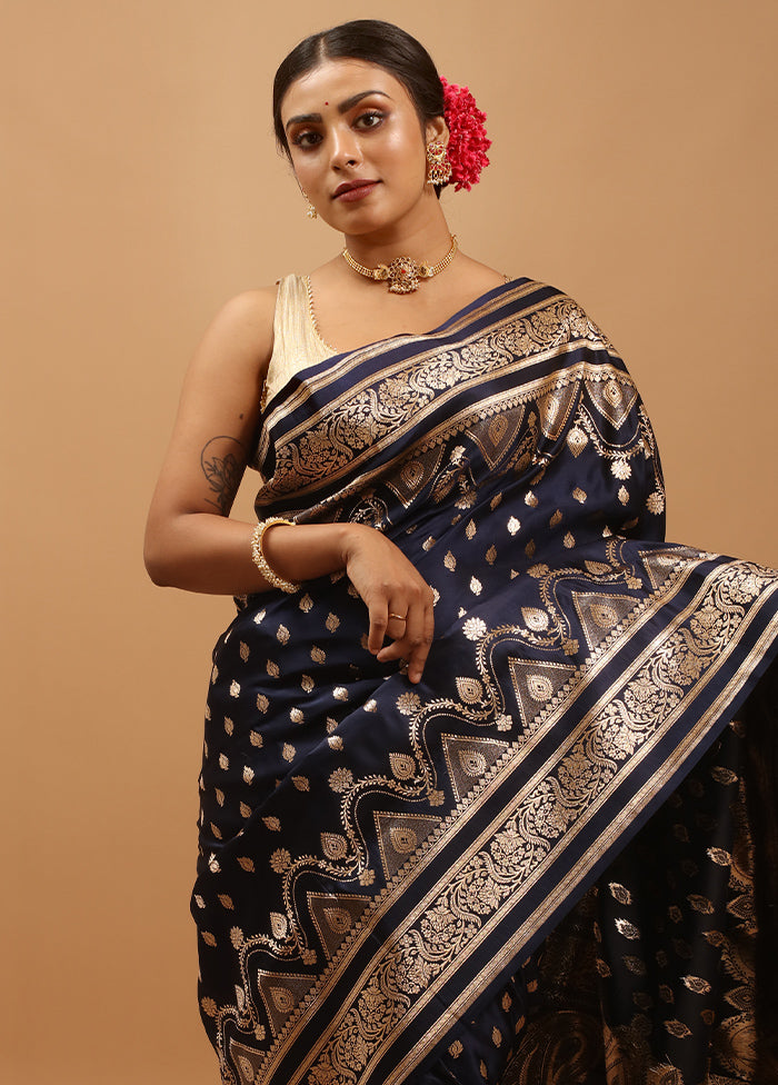 Blue Banarasi Silk Saree With Blouse Piece