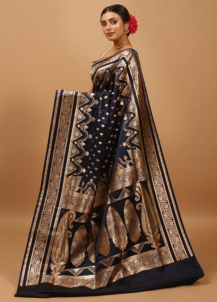 Blue Banarasi Silk Saree With Blouse Piece