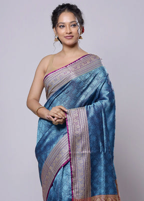 Blue Dupion Silk Saree With Blouse Piece