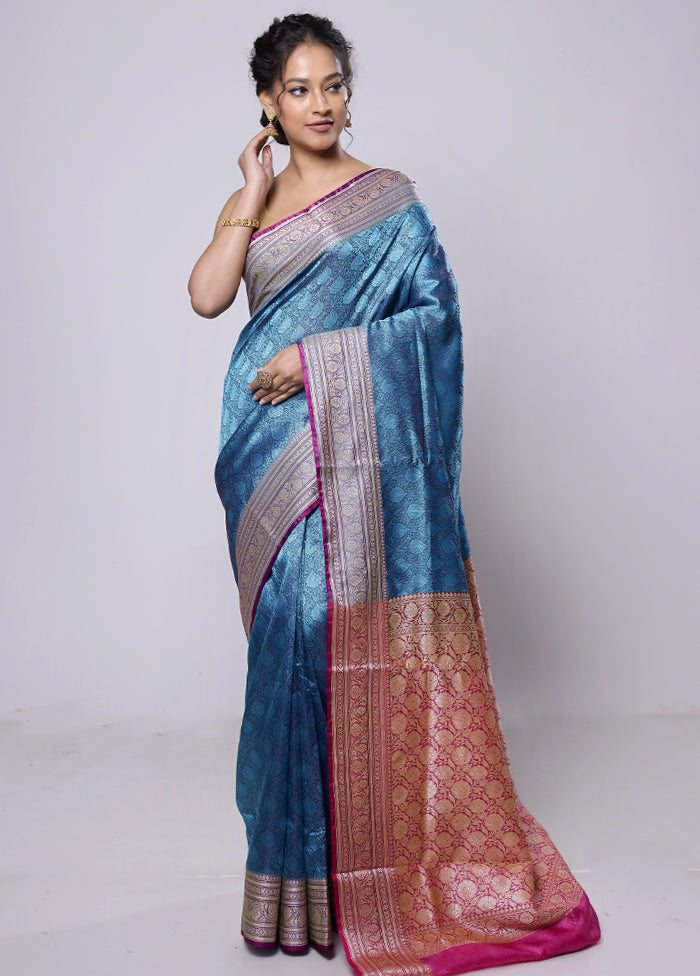 Blue Dupion Silk Saree With Blouse Piece