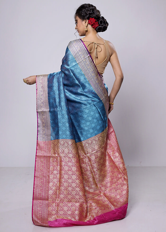 Blue Dupion Silk Saree With Blouse Piece