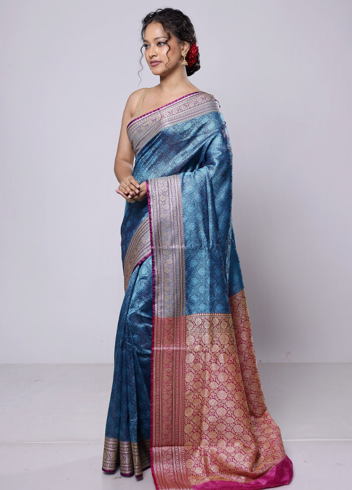 Blue Dupion Silk Saree With Blouse Piece