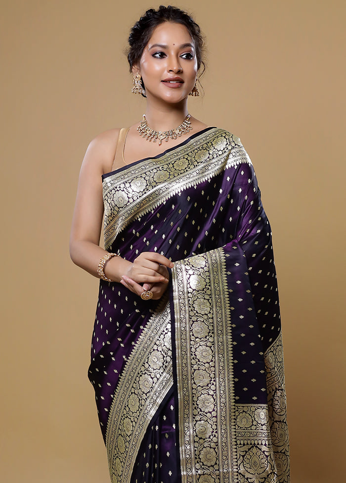 Purple Handloom Banarasi Pure Silk Saree With Blouse Piece