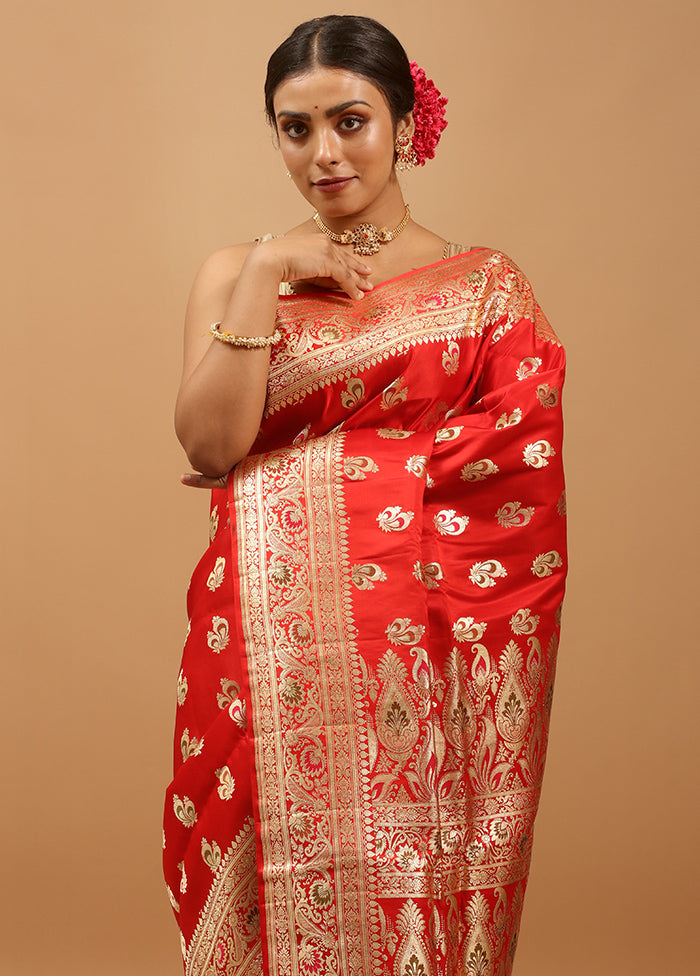 Red Handloom Banarasi Pure Silk Saree With Blouse Piece