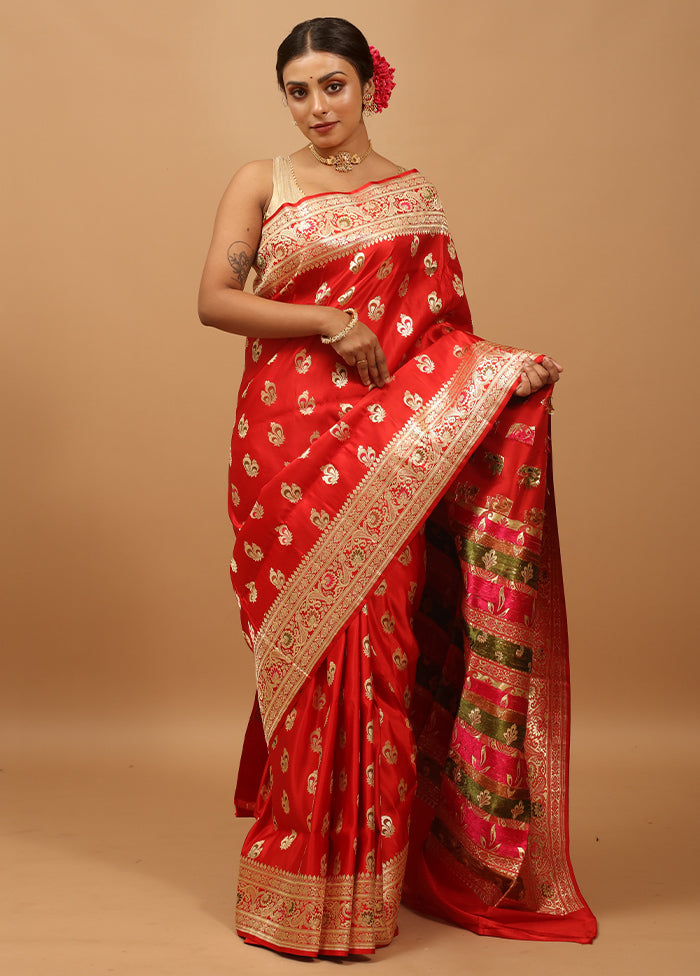 Red Handloom Banarasi Pure Silk Saree With Blouse Piece