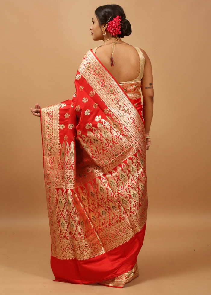 Red Handloom Banarasi Pure Silk Saree With Blouse Piece