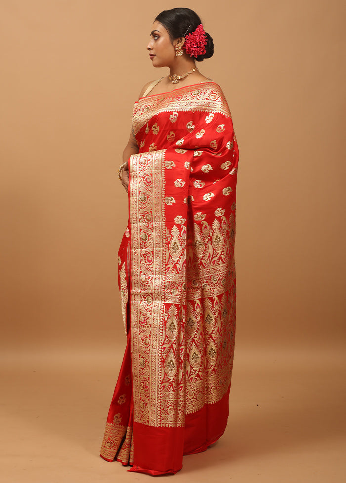 Red Handloom Banarasi Pure Silk Saree With Blouse Piece