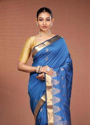 Blue Kanjivaram Silk Saree With Blouse Piece