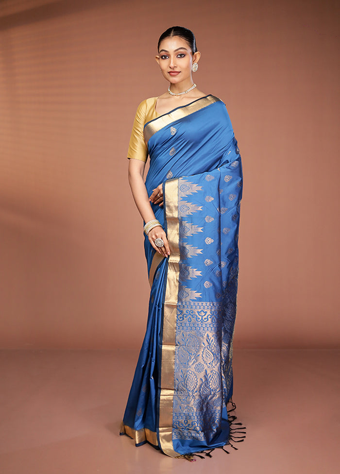 Blue Kanjivaram Silk Saree With Blouse Piece