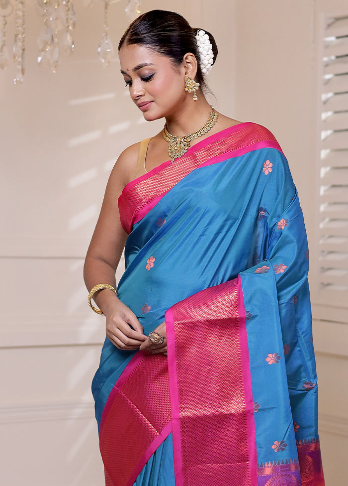 Blue Kanjivaram Silk Saree With Blouse Piece