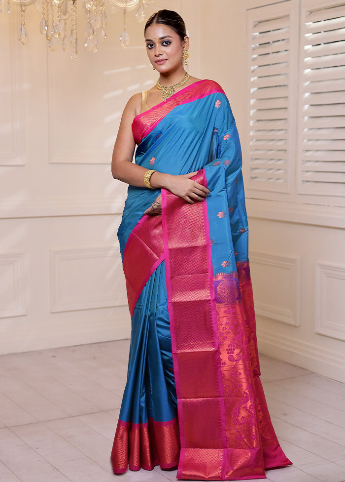 Blue Kanjivaram Silk Saree With Blouse Piece