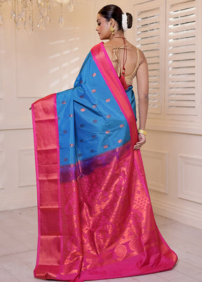 Blue Kanjivaram Silk Saree With Blouse Piece