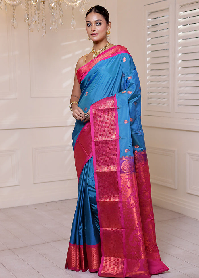 Blue Kanjivaram Silk Saree With Blouse Piece