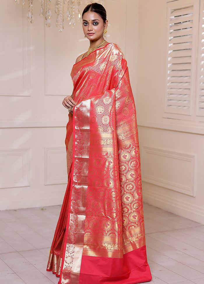 Peach Kanjivaram Silk Saree With Blouse Piece