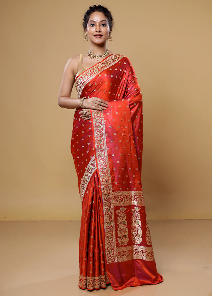 Orange Handloom Banarasi Pure Silk Saree With Blouse Piece