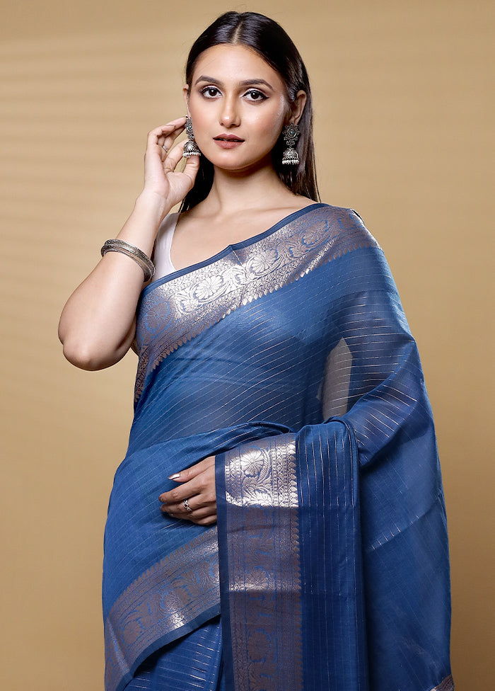 Blue Cotton Saree With Blouse Piece