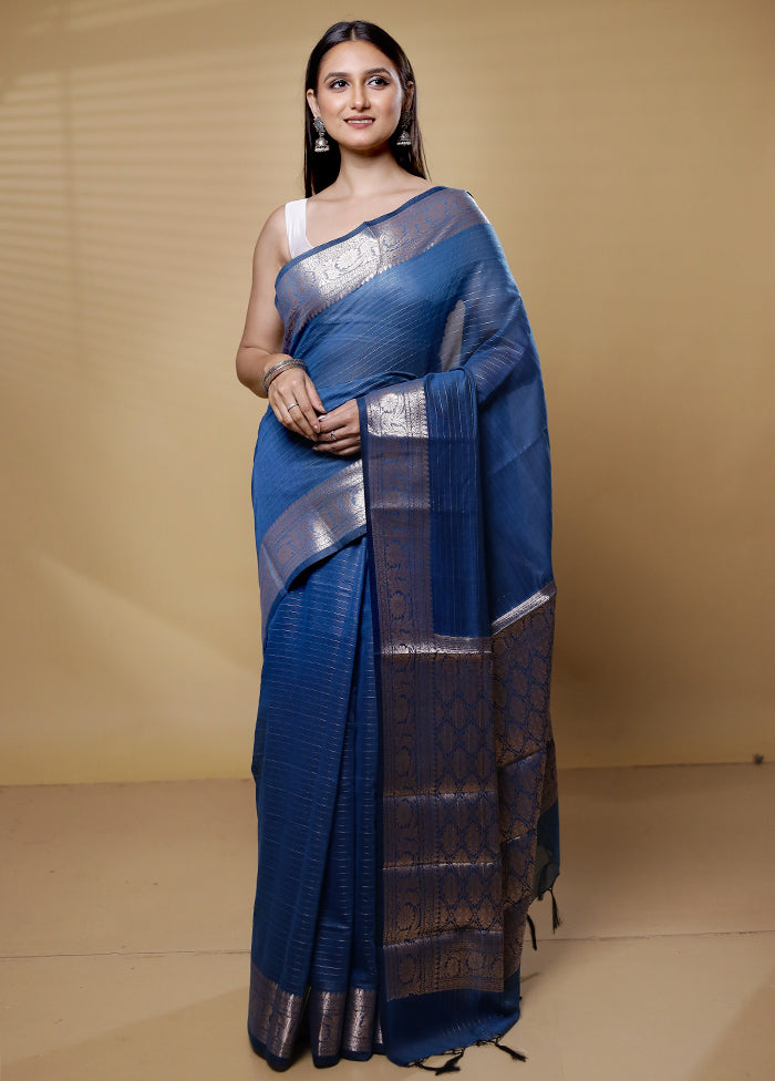 Blue Cotton Saree With Blouse Piece